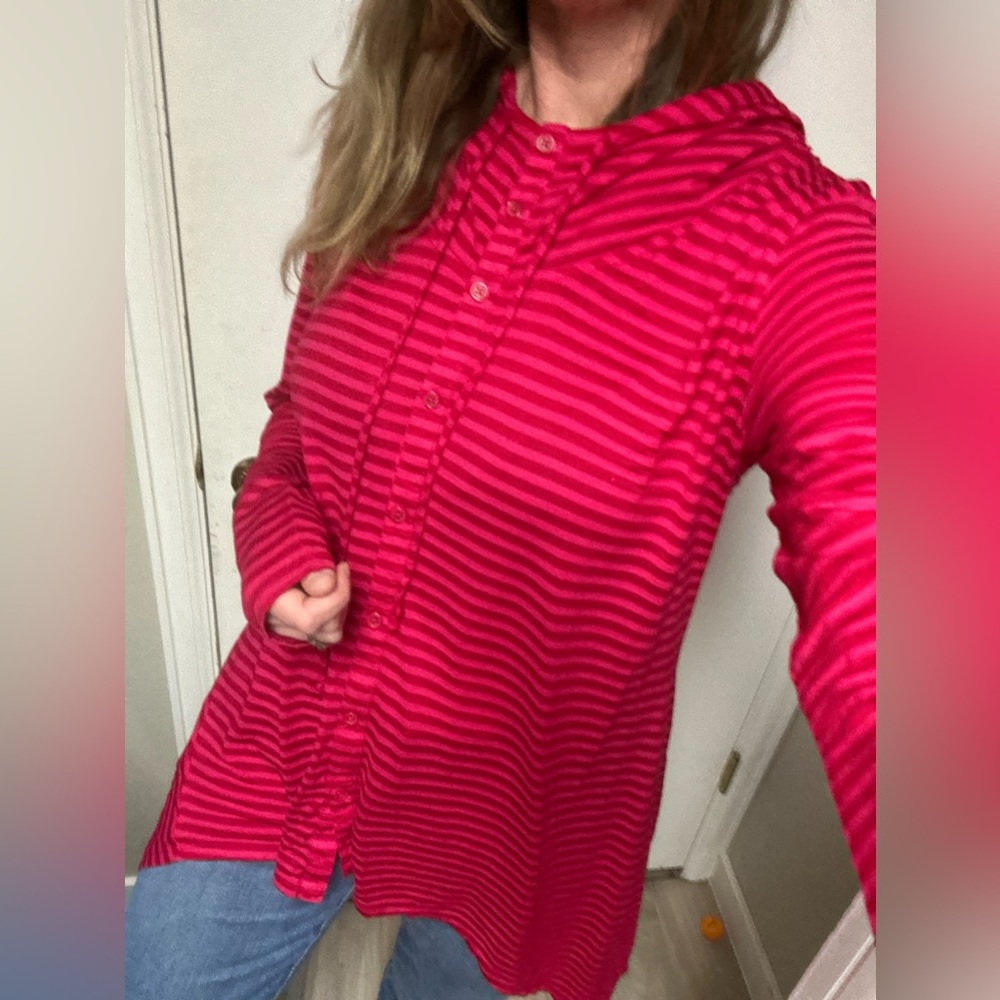 Soft Surroundings pink striped button up hoodie L/XL